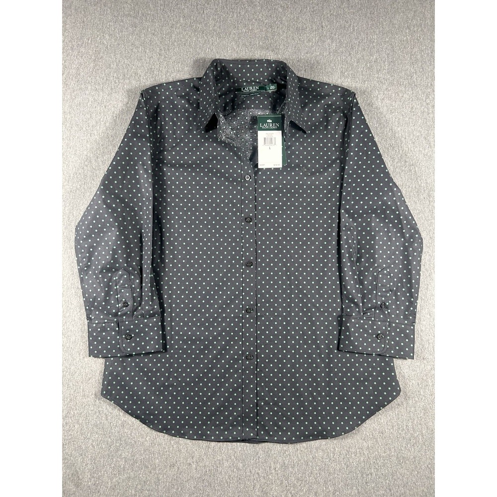 NWT Lauren Ralph Lauren Women's Stretch Non-Iron Polka Dot Button-Down Shirt L